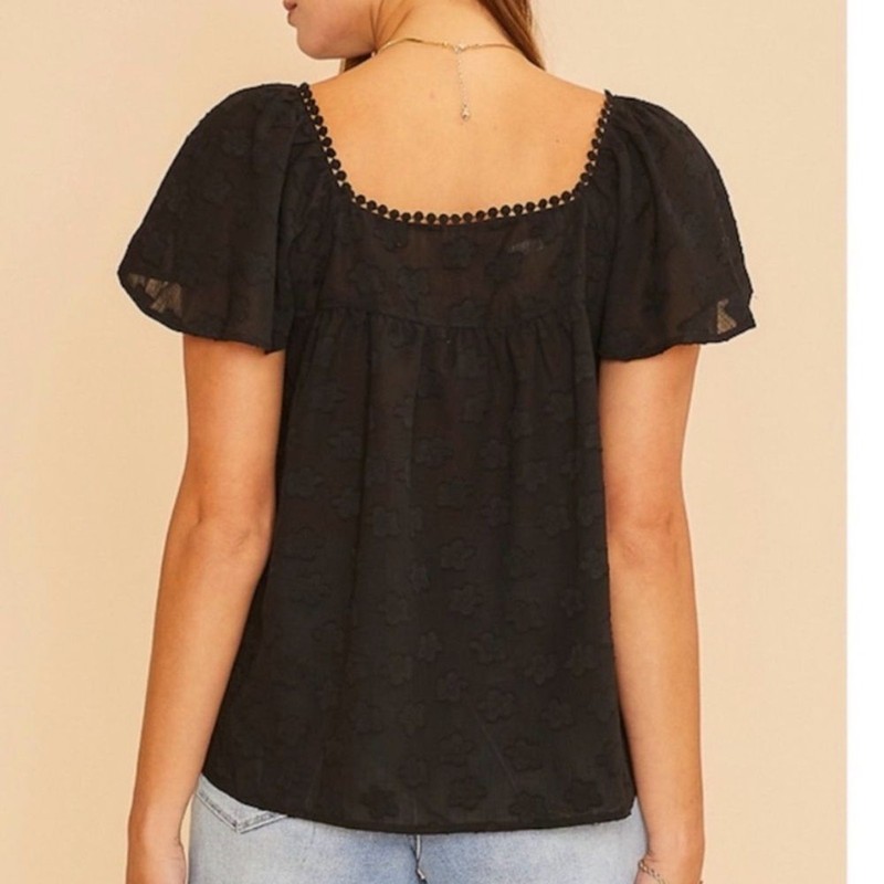 NWT ANNIE WEAR Black Sheer Floral Square Neck Blouse gallery