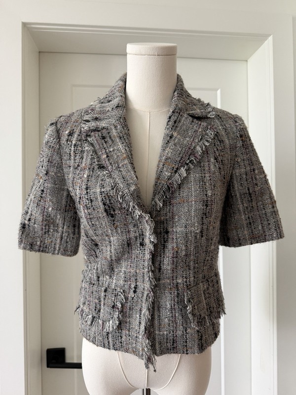 Episode Fringe Tweed Silk Lined Short Sleeve Blazer Size 2 Workwear Office Y2K