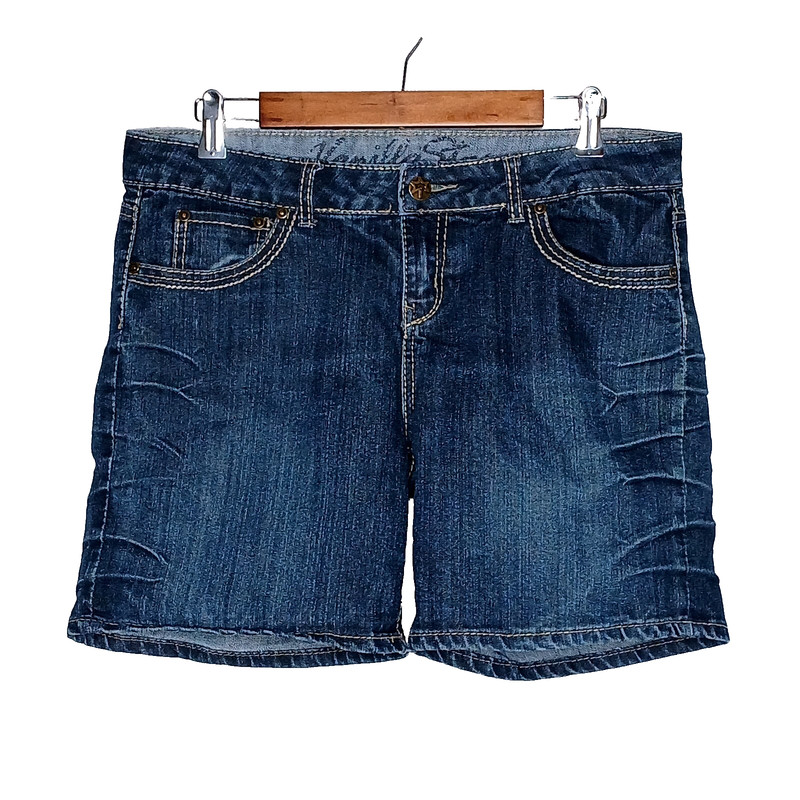 Vanilla Star womens flap pocket embroidered shorts juniors 15 stretch dark denim gallery
