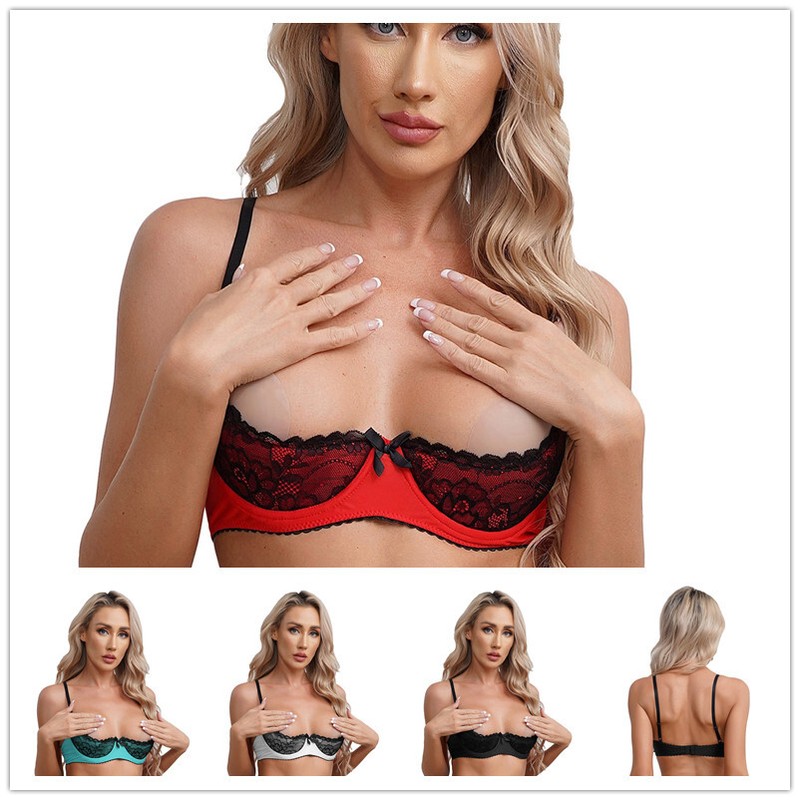 US Women's Sheer Lace Underwire 1/4 Cups Bra Push Up Shelf Balconette Bras Sexy gallery