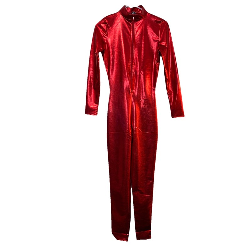 Women’s Metallic Catsuit, Zip Front, Mock Neck, Red, Size S/M, See Picture