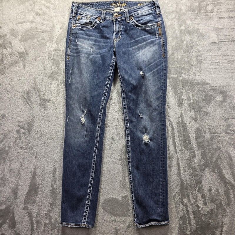 Silver Jeans Kelli Jeans Womens 28 Blue Relaxed Skinny Distressed Denim Stretch