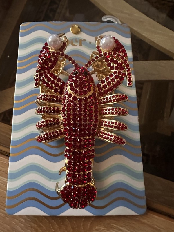 Red Gold Tone Lobster Hair Clip Metal Rhinestone & Pearl Accents Embellished