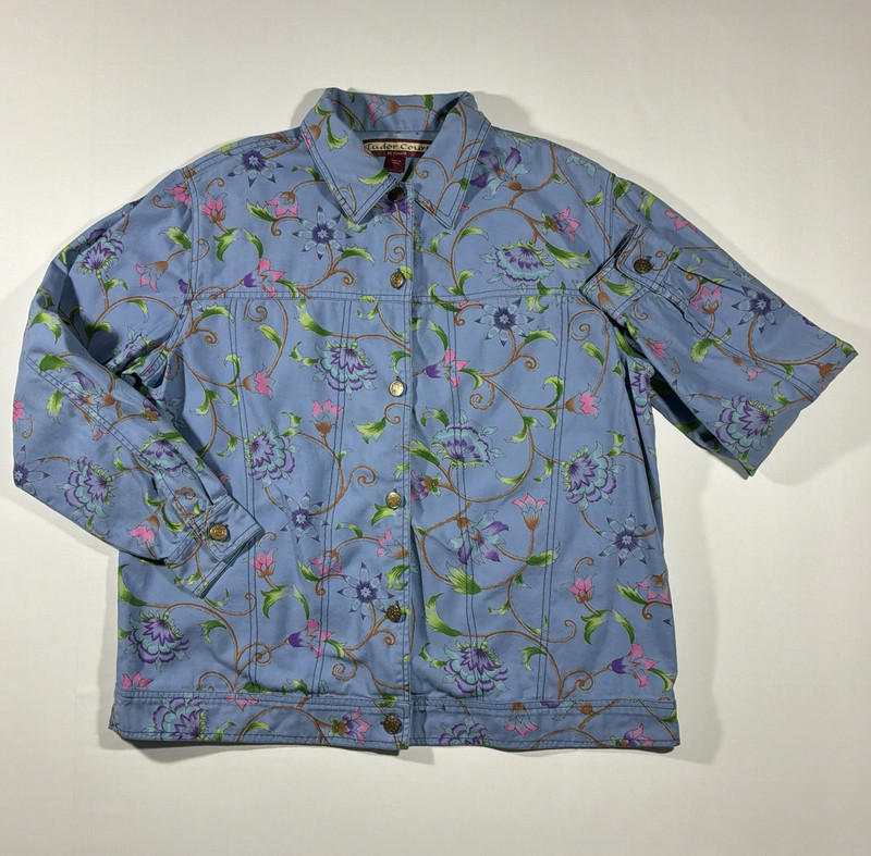 Tudor Court Haband Womens L Floral Botanical Jacket Periwinkle Vintage Cotton
