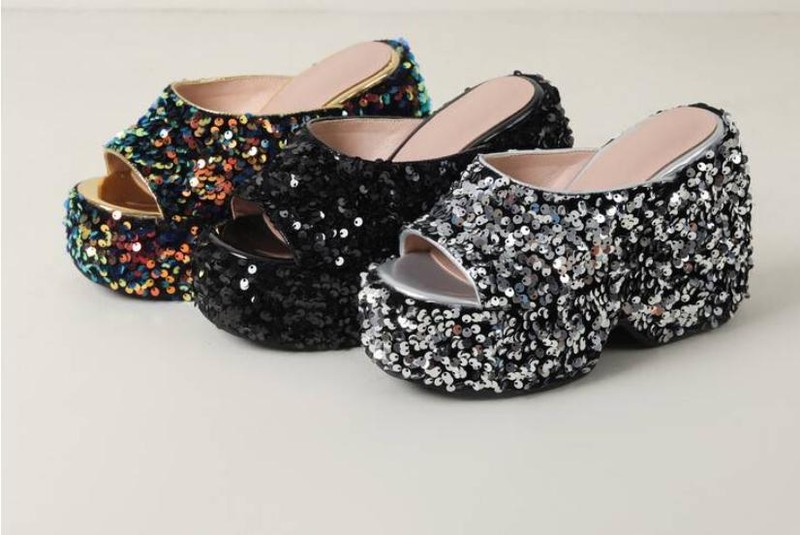 Sequins Slippers Women's Wedge Heels Sandals Summer Shoes Platform Fashion Pumps gallery