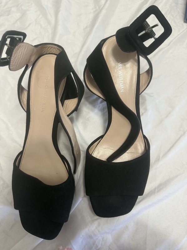 Stuart Weitzman Black Suede Strappy Ankle Strap Buckle Block Heels 6.5