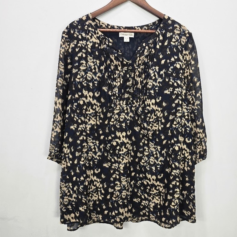 Coldwater Creek Tunic Top Black Beige Balloon 3/4 Sleeve Boho Office *Read