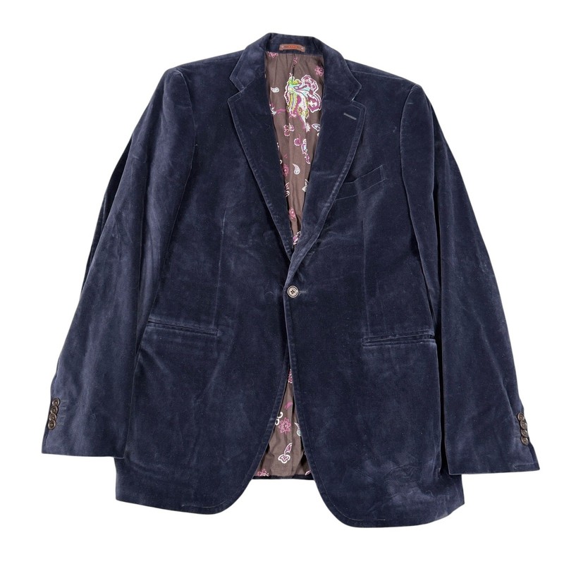 Etro Velvet Blazer Men IT 50 Blue Paisley Lining Two Button Made In Italy