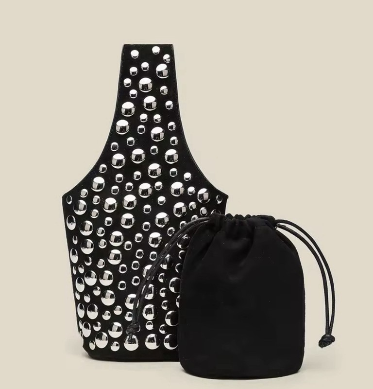 Black Women’s Studded Bucket Drawstring Bag Top Handle Coin Purse