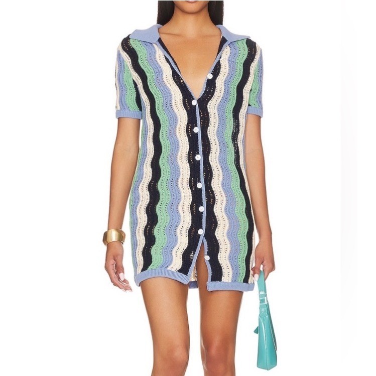Heartloom Blue Green Wave Crochet Knit Button Front Polo Mini Dress Small
