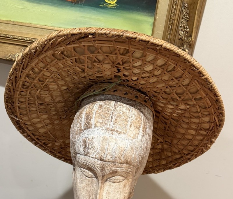 Vtg Asian Wicker Hat Coolie Bamboo Rice Paddy Sun Hat Conical Gardening 19” gallery