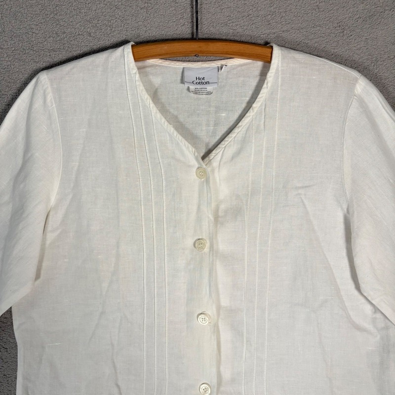 Hot Cotton Top Womens M Linen Cotton Blend V Neck 3/4 Sleeve Button Front Blouse gallery