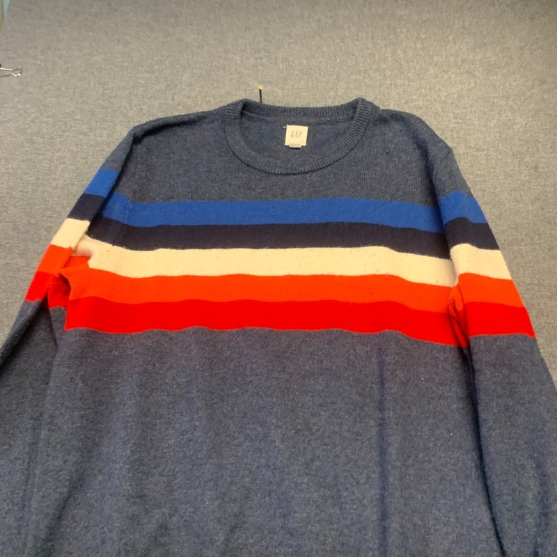 GAP Men's Sweater Size L Blue Colorblock Stripe Crewneck Knit Pullover Retro Ski gallery