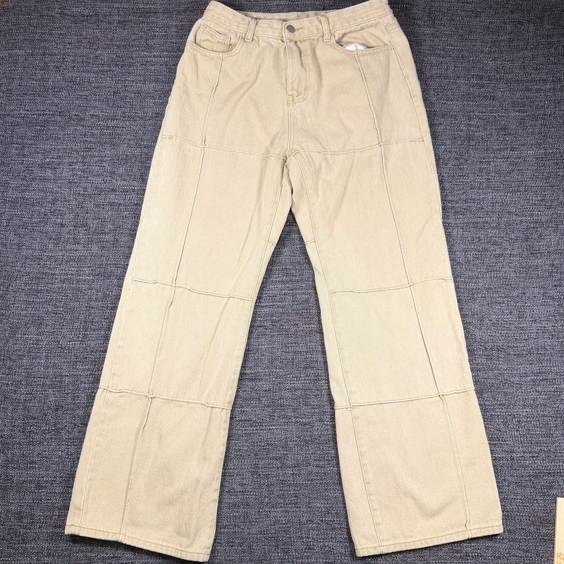 Beige Botany High Waisted Patchwork Wide Leg Denim Jeans