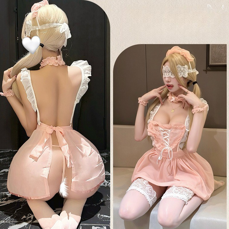 Plus Size Sexy Nightdress Outfit Maid Costume Cutout Lace Up Babydoll Sleepwear