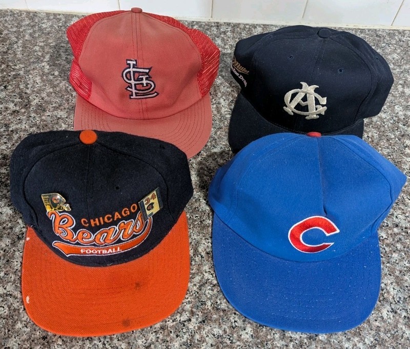 Vintage Hats lot of 4: Cubs, Cardinals, Bears, Sox, 1-Walter Payton Pin