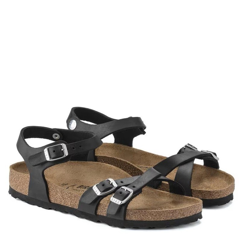 BIRKENSTOCK KUMBA BLACK WAXY LEATHER MEDIUM/NARROW WIDTH CROSSED STRAPS SANDALS gallery