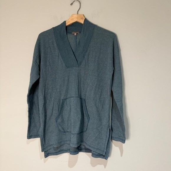 Lilla P Pullover Tunic Top V-Neck Long Sleeve Pocket Casual Blue Size M