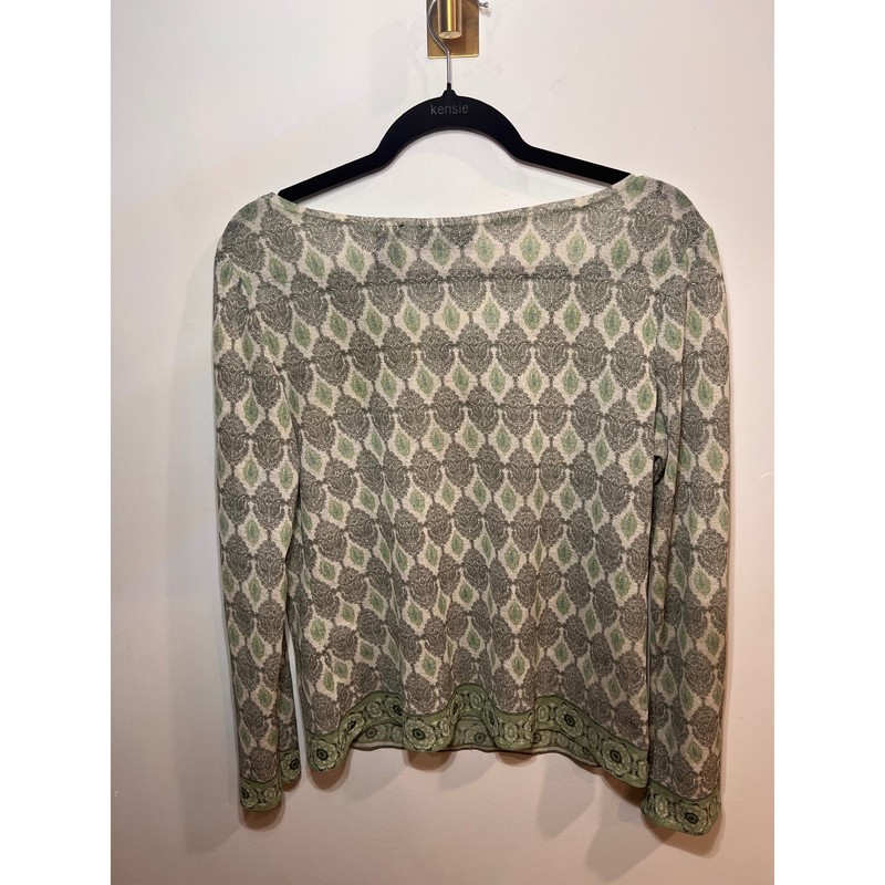 Vintage Y2K Boho Peasant Damask Green Long Sleeve Beaded Tassle Top- Large gallery