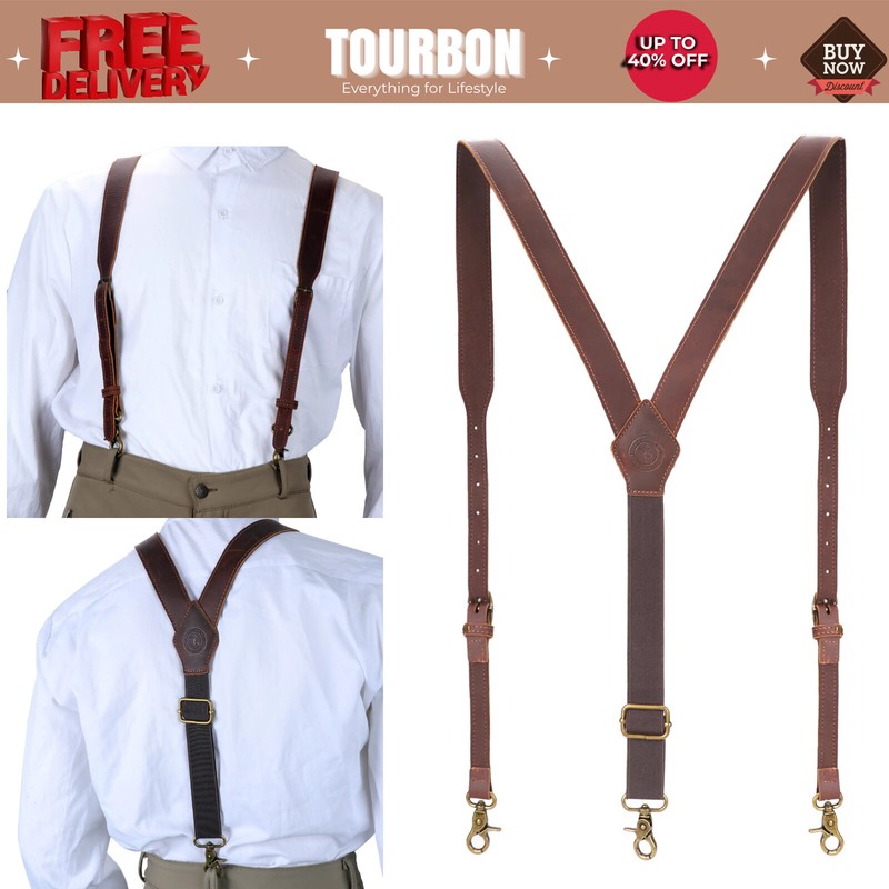 Tourbon Men’s Suspenders Y Back Adjustable Leather Y-Shaped 3 Hooks Pants Braces