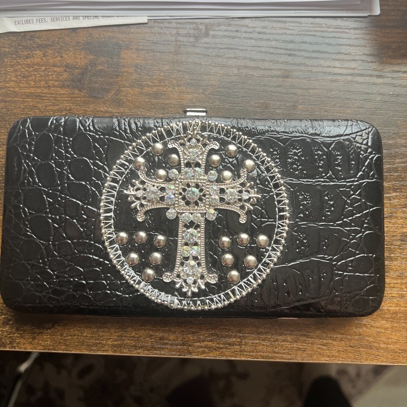 Leather Black Cross Wallet Shiny Jeweled Cross Design Push Button Open Card Hold