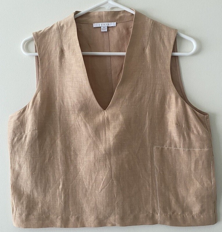 Lunya Tank Top Vest Tan Cotton Linen Silk Pocket Cropped V Neck