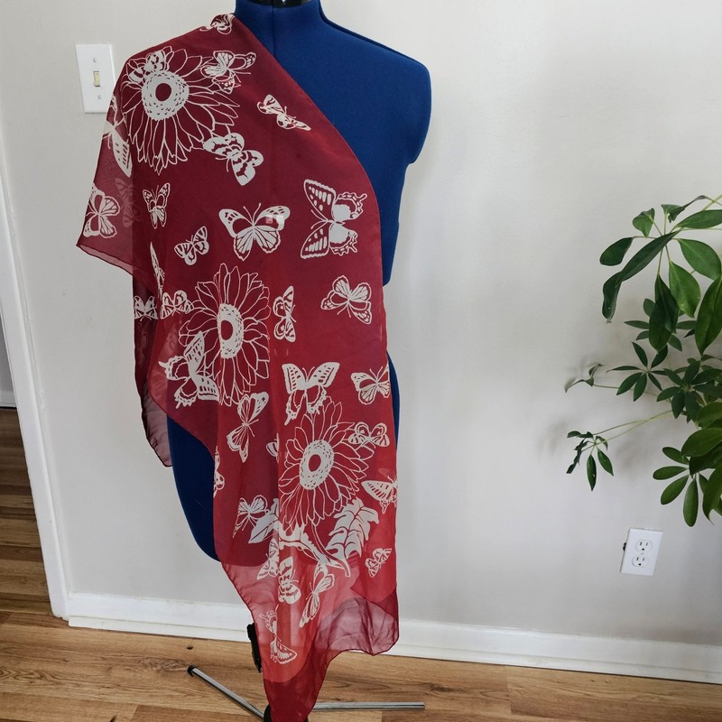 Salvatore Ferragamo 100% Silk Red Floral & Butterfly Print Made in Italy 62×16