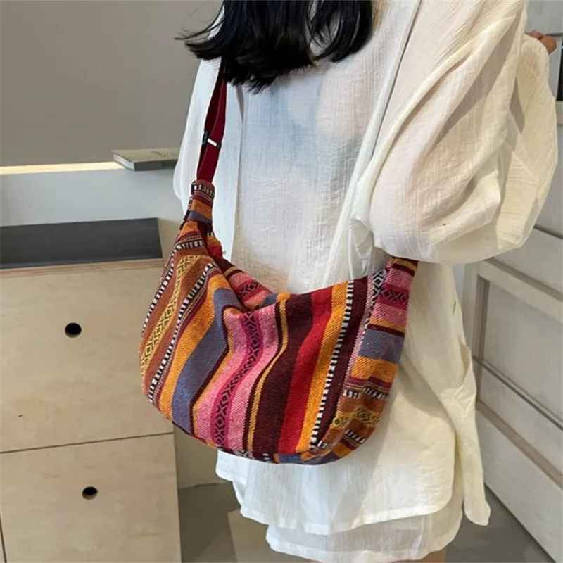 Tribal Style Crossbody Shoulder Bag Canvas Striped Foldable Zipper Women