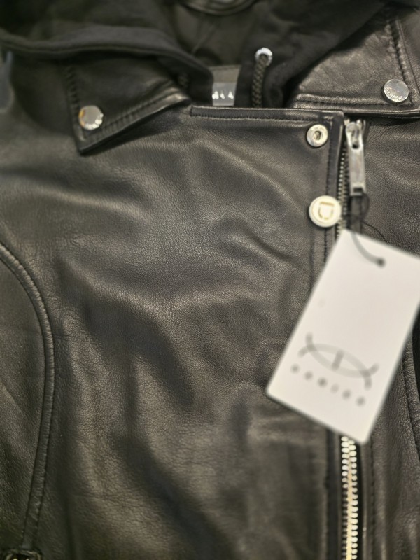 DANIER McKenna 2 Leather Hooded Biker Jacket Black Asymmetrical Zip 3XS gallery