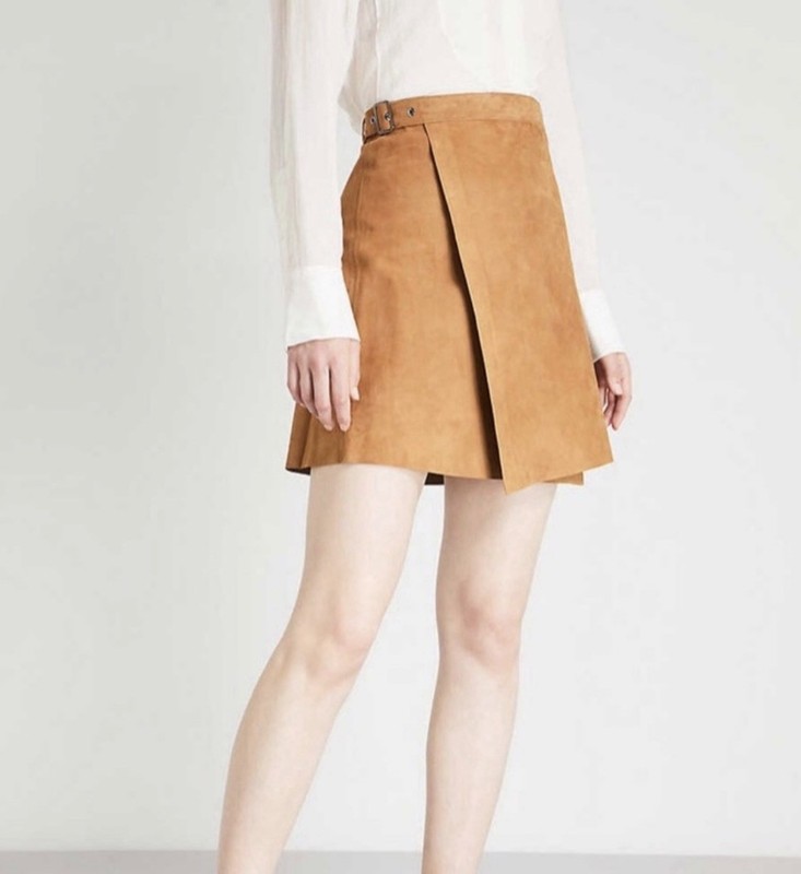Theory Double Face Suede Buckle Wrap Skirt 0 Khaki Brown 100% Lamb Leather $995 gallery