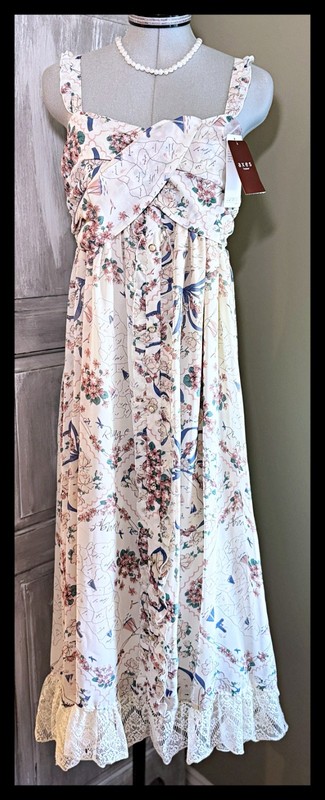 Axes Femme Ocean Pattern Long Maxi Dress Chest Ribbon OP Jfashion Cottagecore