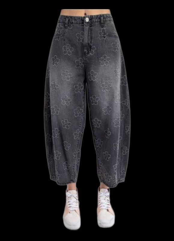 EASEL Black Flower Pattern Washed Twill Barrel Pants Sz S