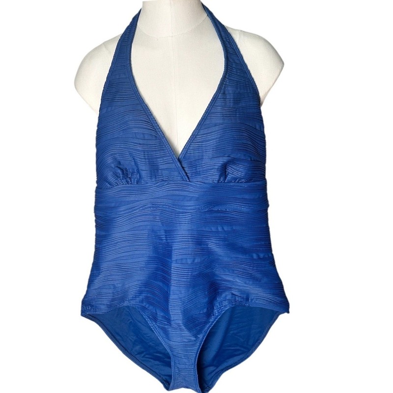 Anne Cole One Piece Swimsuit Womens 14 Blue Textured Halter V-Neck Back Cutout