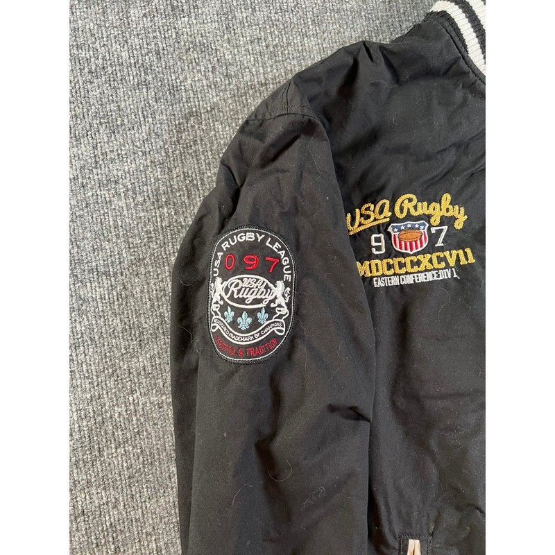 USA Rugby Varsity Bomber Jacket Mens 3XL Black Patchwork Snap Front Collegiate gallery