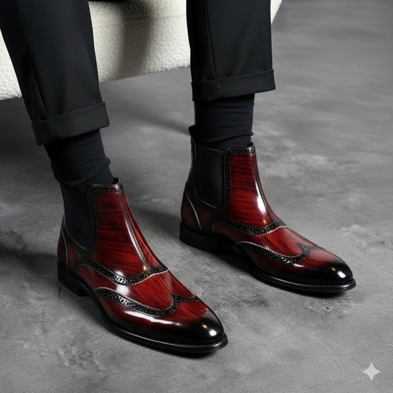 Tailor Hand made Luxury Burnished Oxblood & Black Patina Chelsea Brogue Boot