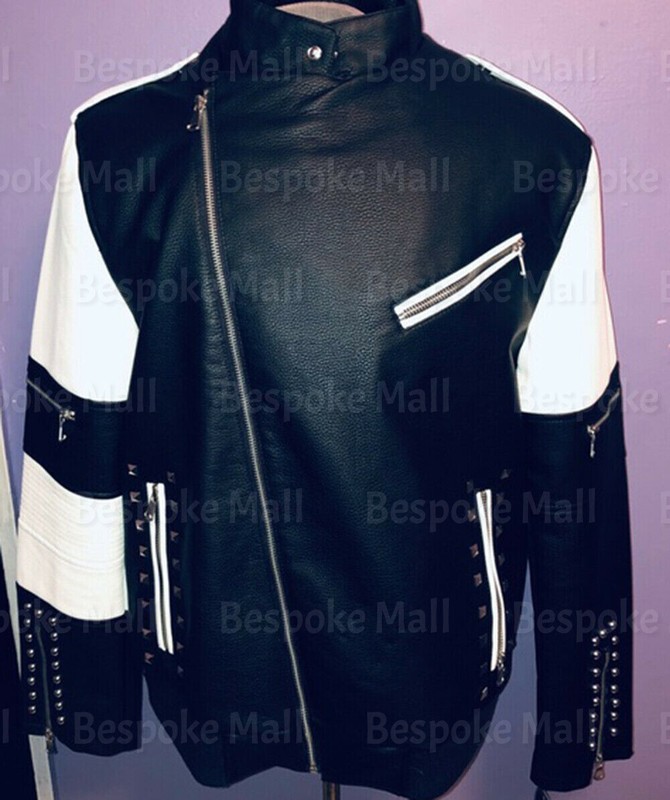 New Men's Black White Silver Studded Style Real Cowhide Biker Leather Jacket-651