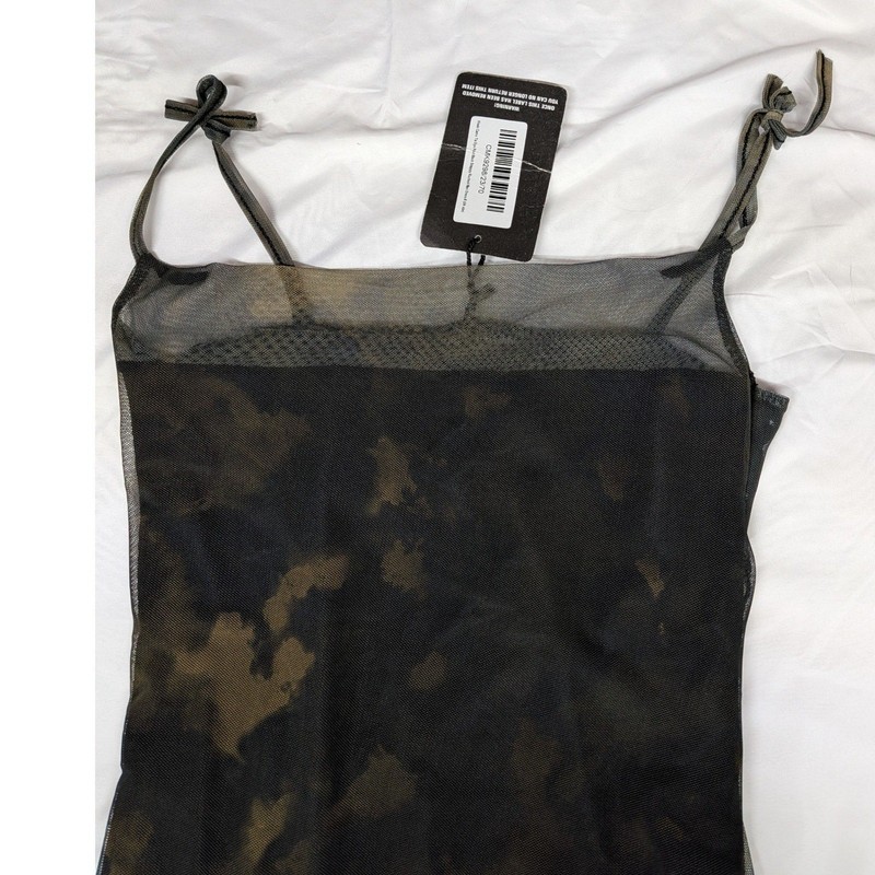 PrettyLittleThing Khaki Camo Tie Dye Mesh Strappy Ruched Maxi Dress UK 8 NEW gallery