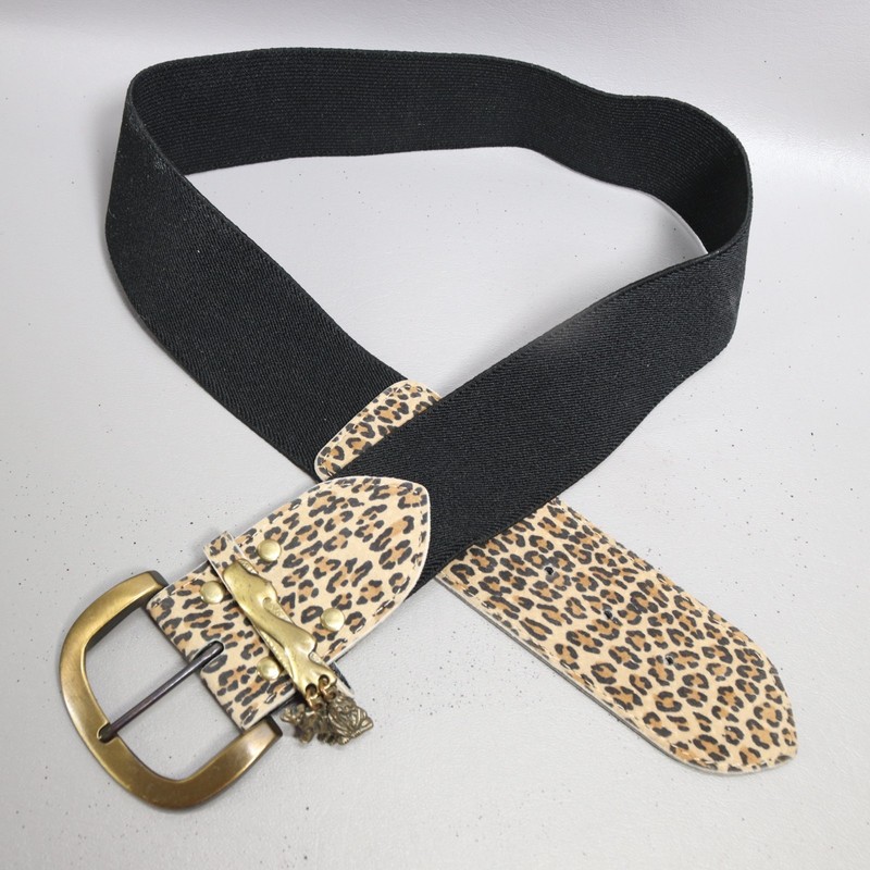 Vtg Leopard Print Waist Belt Women M Black Canvas Gold Tone Buckle Charms