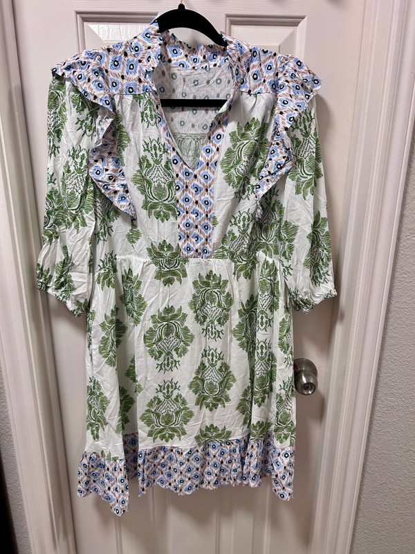 Farm Rio Green and White Damask Print Ruffle Mini Dress
