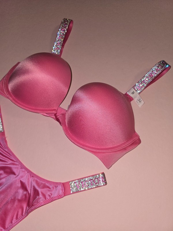 Victoria's Secret Shine Strap Bombshell Push Up Bra Thong Set Rose Garden NWT gallery
