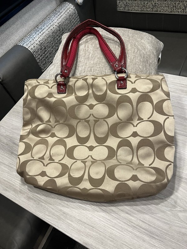 Coach Poppy Signature Tote Shoulder Bag Womens Khaki Red Patent Trim F20026 gallery