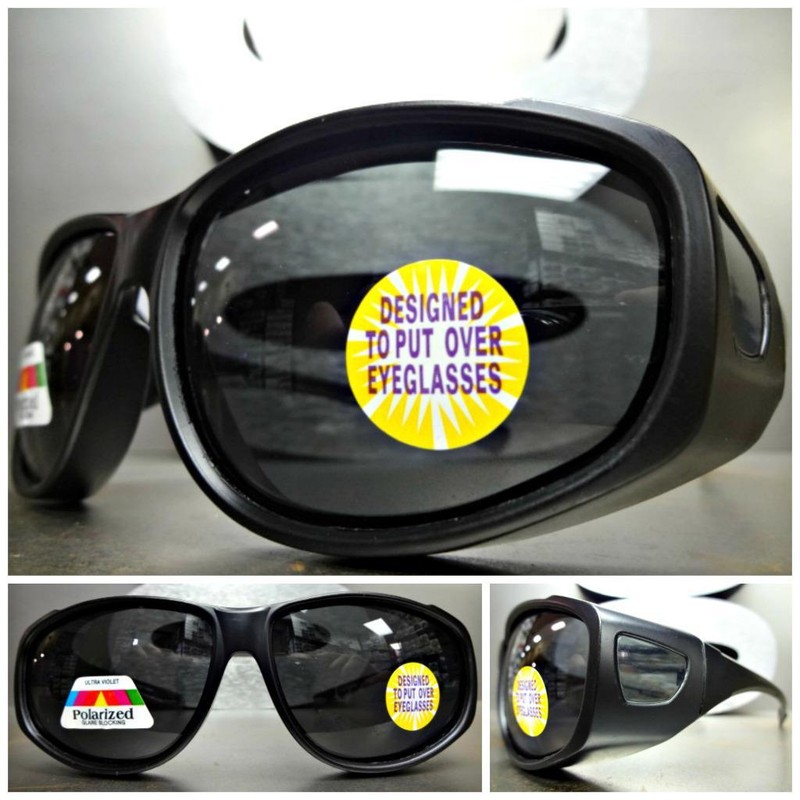 WRAP AROUND DRIVING POLARIZED SUN GLASSES Over RX Glass Fit Matte Black Frame