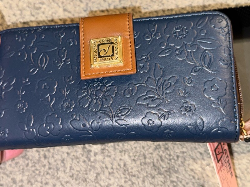 Stone Mountain Spring Bloom Embossed Bonded Leather Wrist Wallet Navy Blue Tan gallery