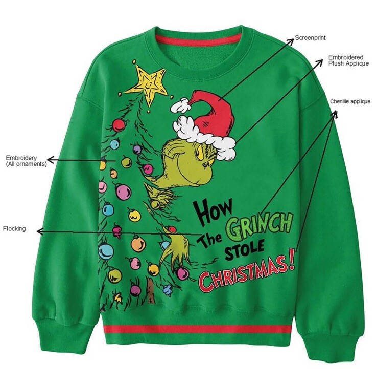 Grinch Adult Sweatshirt Size Small Embroidered Flocking NEW