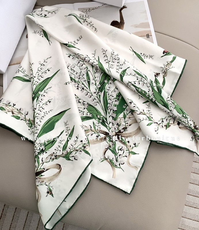 Sallys 18 Momme Twill Silk Wrap Scarf Lily of the Valley Print 2 Face Shawl 35″