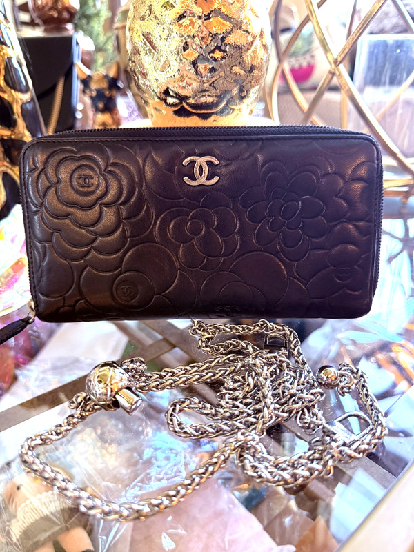 Authentic Chanel Camellia Lambskin Crossbody Wallet Black Upcycled Chic#19635591