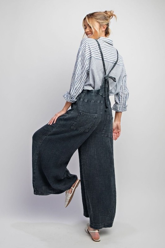 Easel Here I Am Mineral Wash Cotton Overalls in Faded Denim Medium gallery