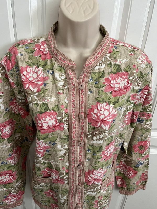 Tudor Court Women's Unlined Jacket Button Front Tapestry Floral Beige Pink Green gallery