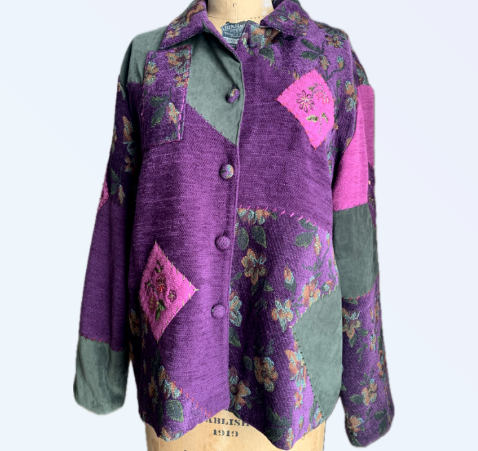 VTG 80s Napa Valley Tapestry Patchwork Jacket XL Purple Floral Embroidered Boho