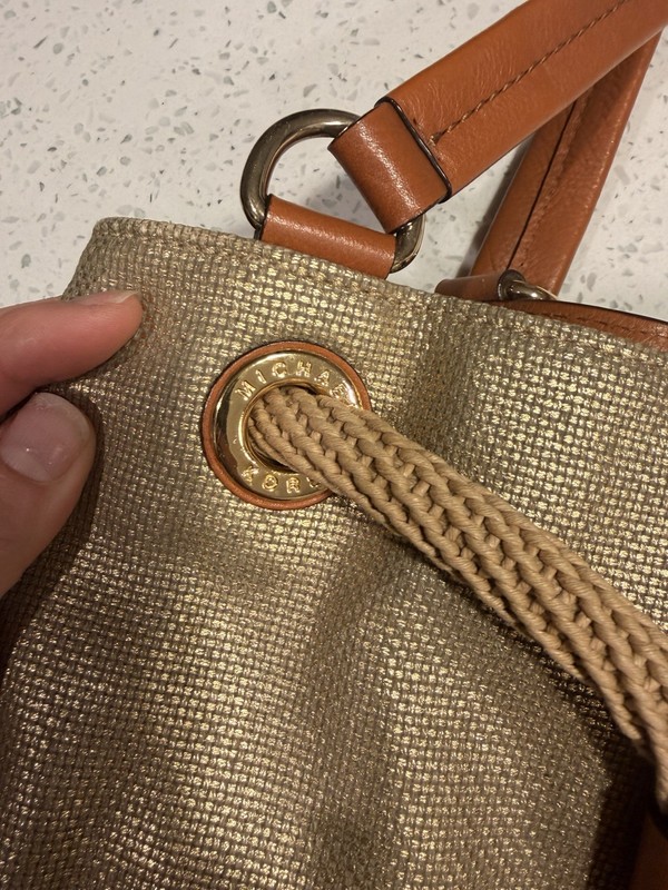 MICHAEL KORS . Marina Metallic Gold Canvas Drawstring Handbag Purse Tote gallery